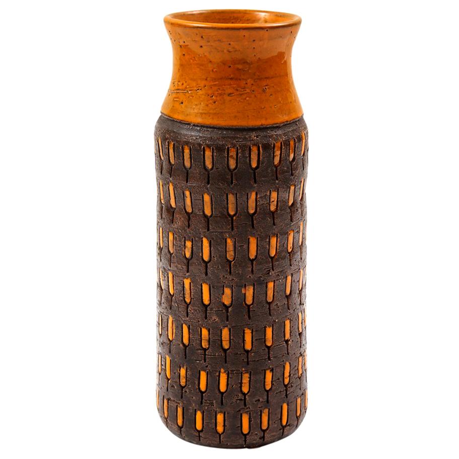 Bitossi Vase Ceramic Orange Chocolate Brown Incised Signed 