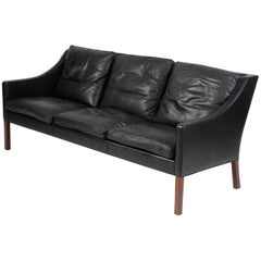 Børge Mogensen Two Seater Sofa Model 2208 Original Black Leather Børge Mogensen Three Seat Sofa In Original Black Leather Model 2209