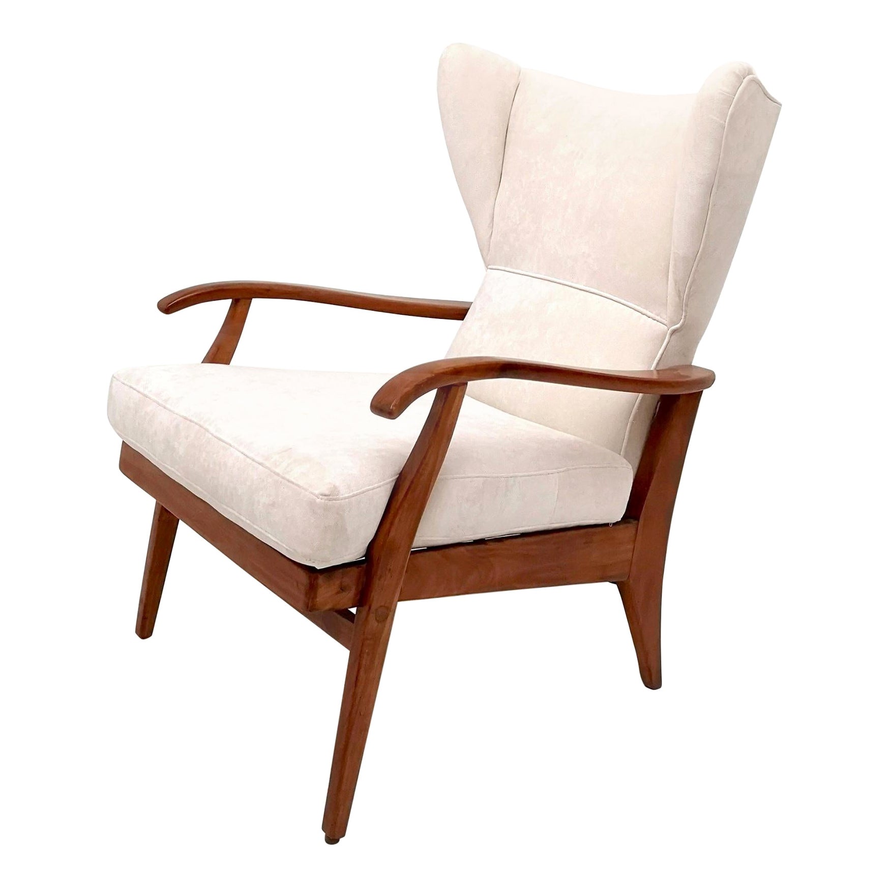 Vintage Reclining Armchair with Cherry Frame and White Velvet Upholstery, Italy For Sale