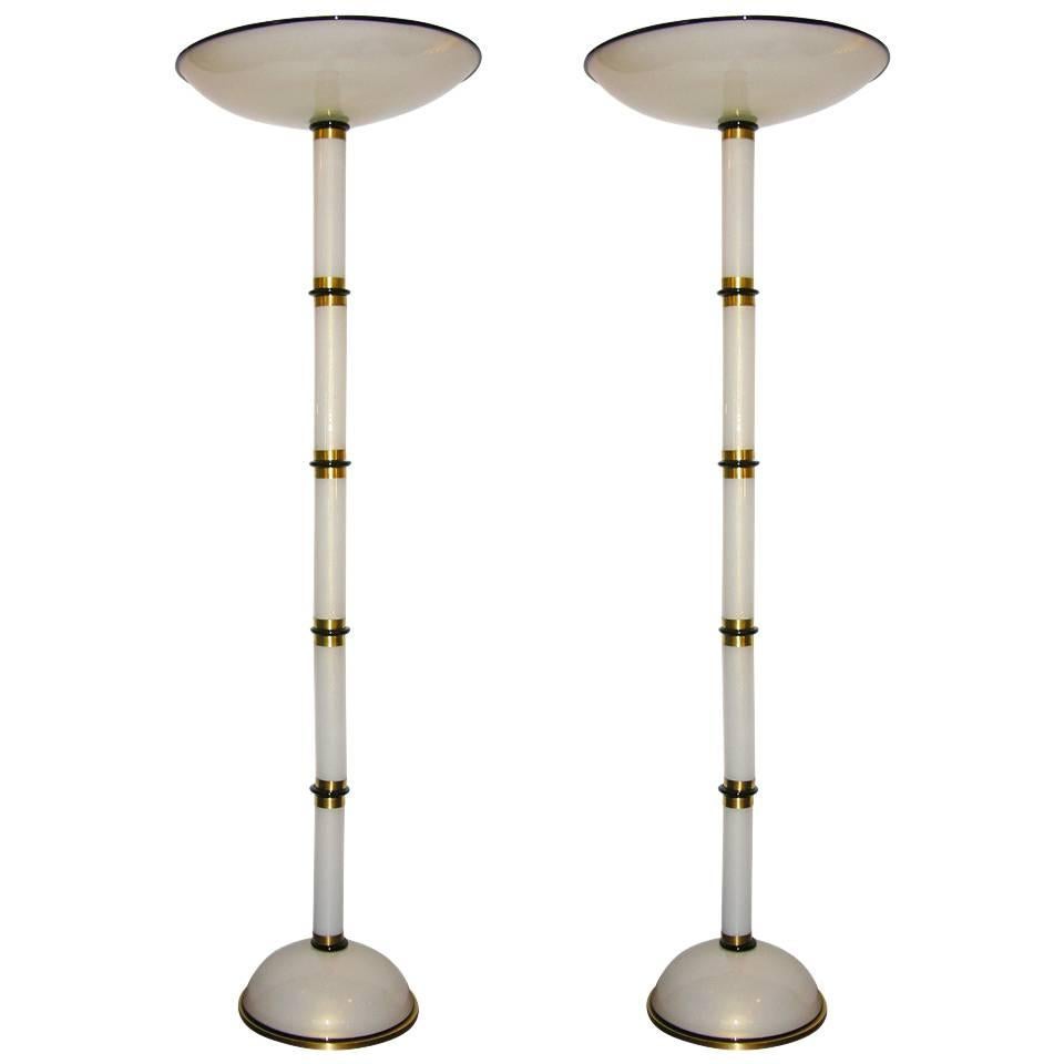 Italian Pair of Minimalist White and Black Murano Glass Floor Lamps