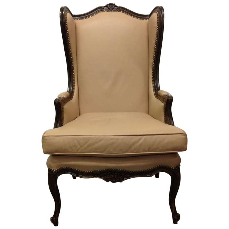 French Leather Wingback Chair With Brass Stud Trim