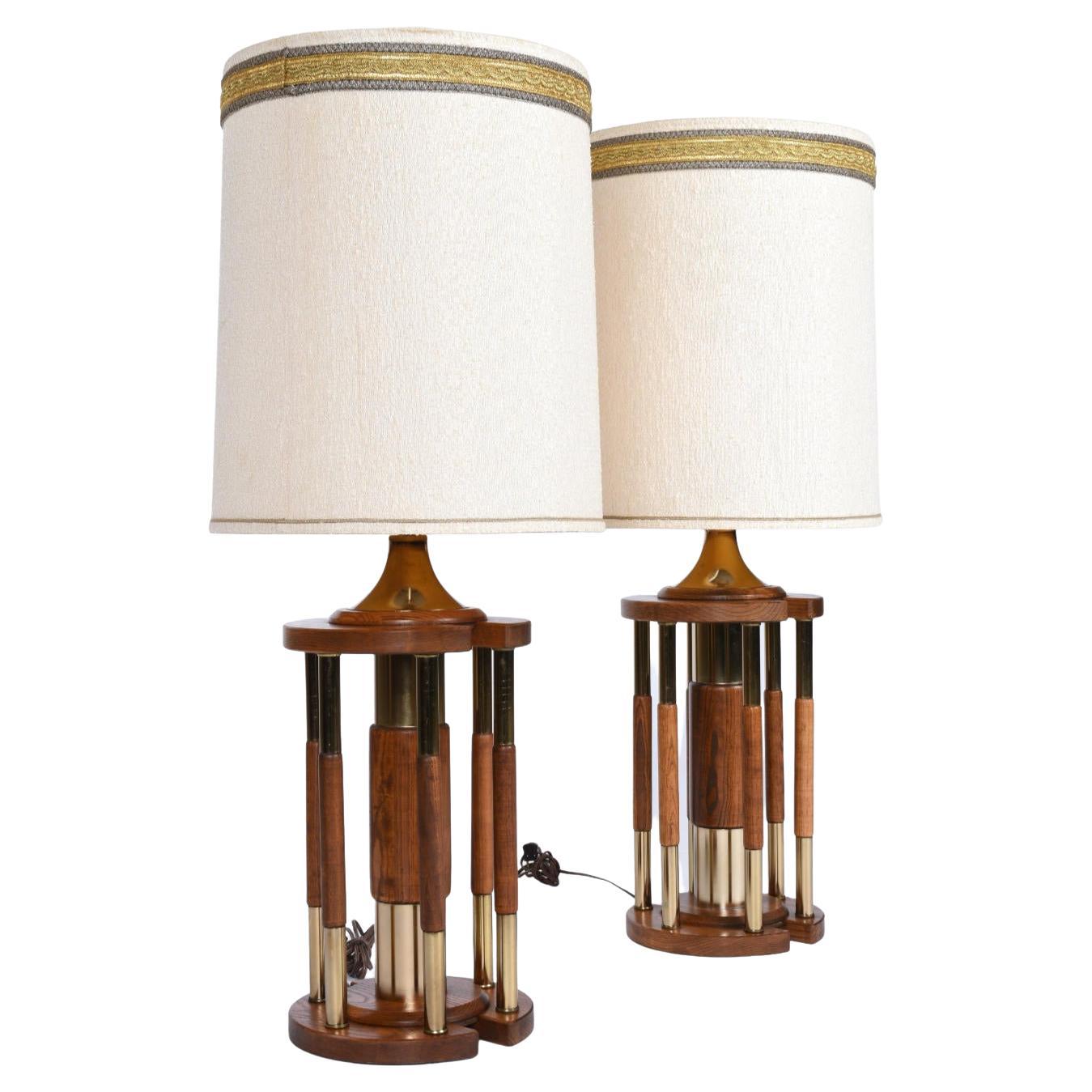 Solid Oak Brass Pillar Rotunda Table Lamps, circa 1970s