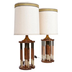 Vintage Solid Oak Brass Pillar Rotunda Table Lamps, circa 1970s