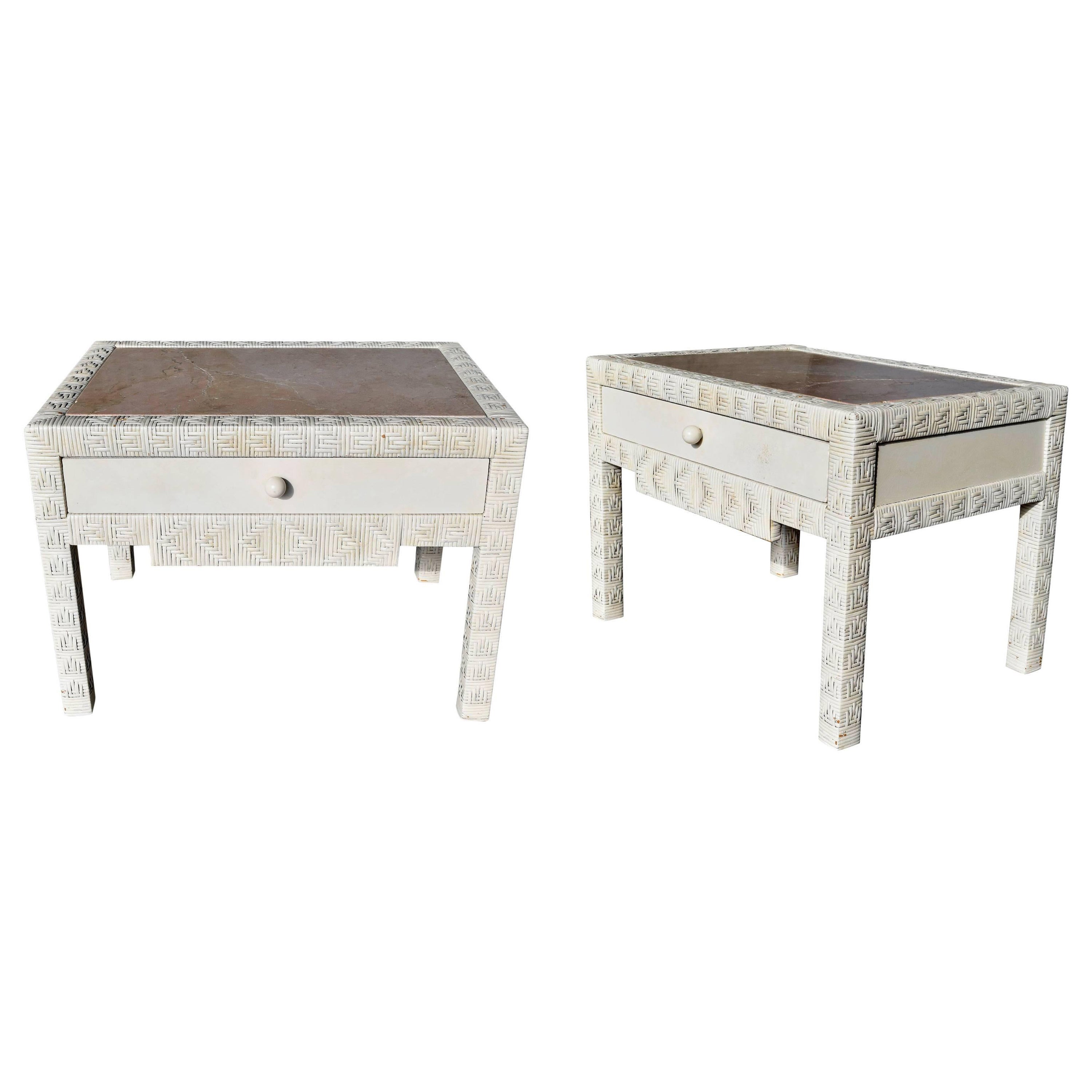 1980s Pair of One Drawer wicker Bedside Tables with Crema Marble Tops For Sale