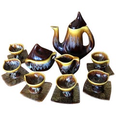 Vallauris Coffee Set Yellow Brown Ceramic, France, 1950