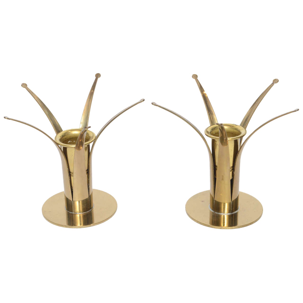 Pair of Swedish Brass Starburst Style Candlesticks For Sale