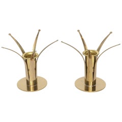 Vintage Pair of Swedish Brass Starburst Style Candlesticks