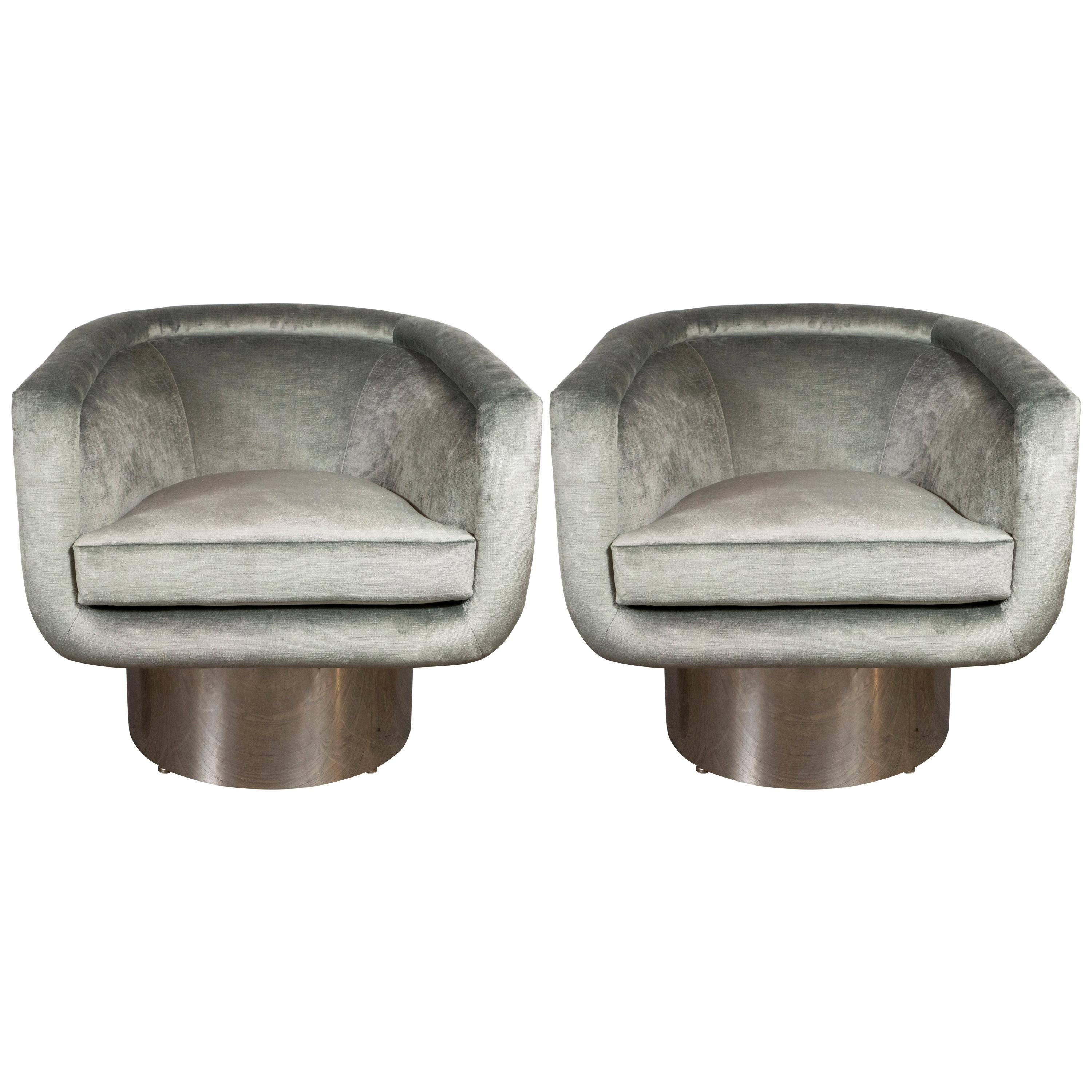 Pair of Midcentury Chrome and Platinum Velvet Club Chairs by Leon Rosen for Pace