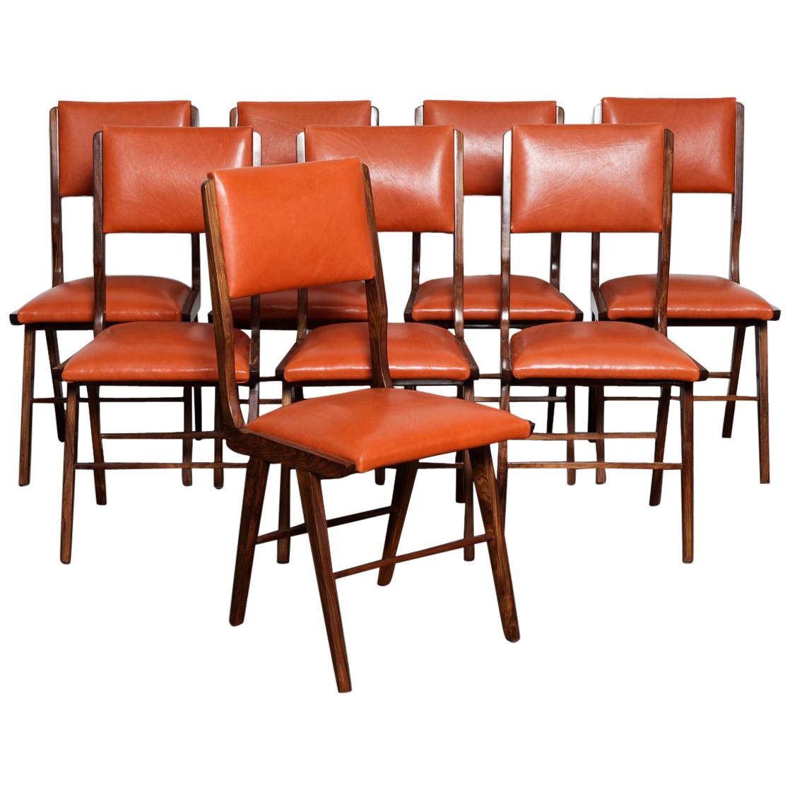 Set of 8 Brazilian Solid Rosewood Tall Back Dining Chairs in Leather
