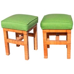 1980s Pair of Green Upholstered Rattan Stools