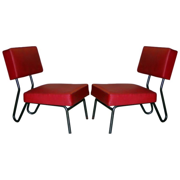 Pair of French Mid-Century Modern Industrial Lounge Chairs, Jacques Hitier, 1955