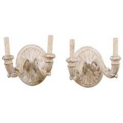 Pair of Vintage Italian Carved and Painted Wood Two-Light Sconces