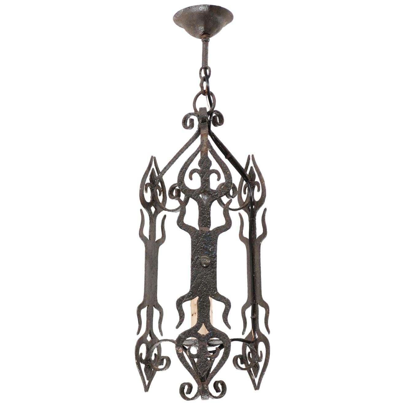 French Single Light Iron Chandelier Lantern from the Mid-20th Century