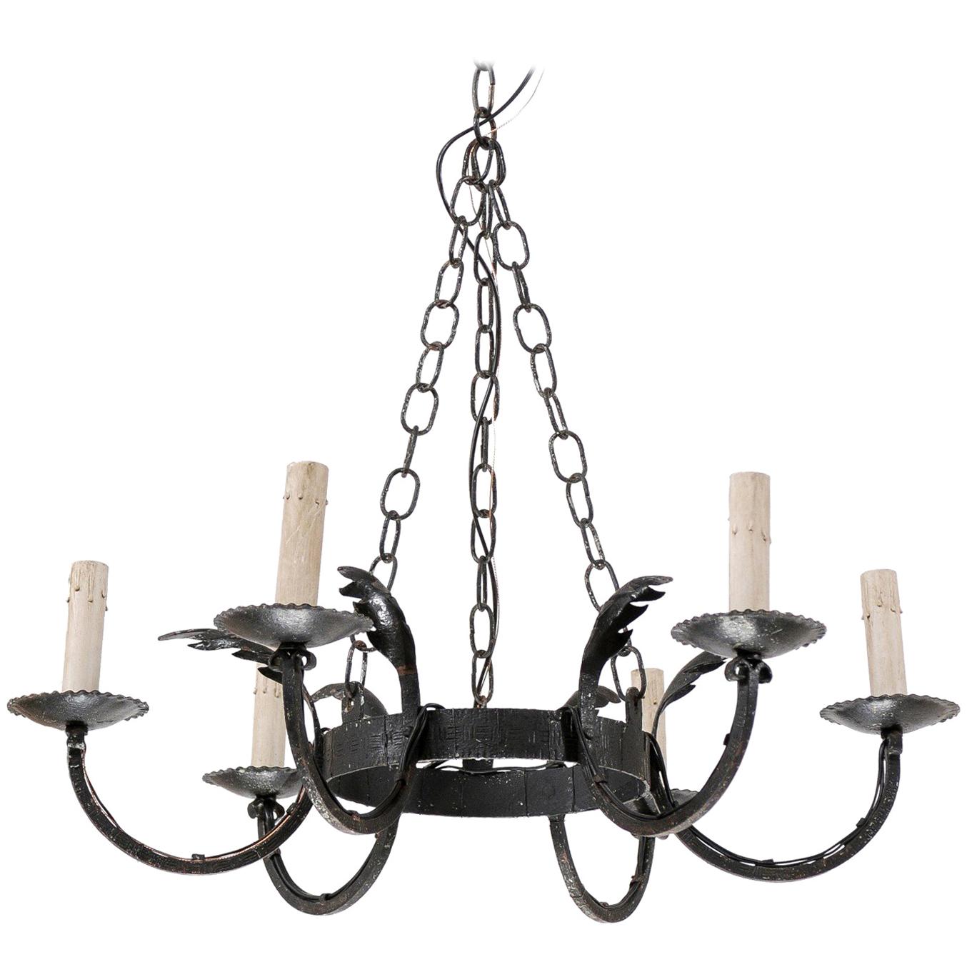 French 6-Light Round Iron Chandelier from the Mid-20th Century