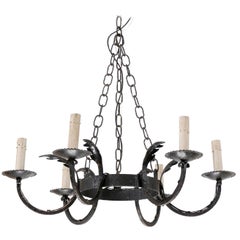 Vintage French 6-Light Round Iron Chandelier from the Mid-20th Century