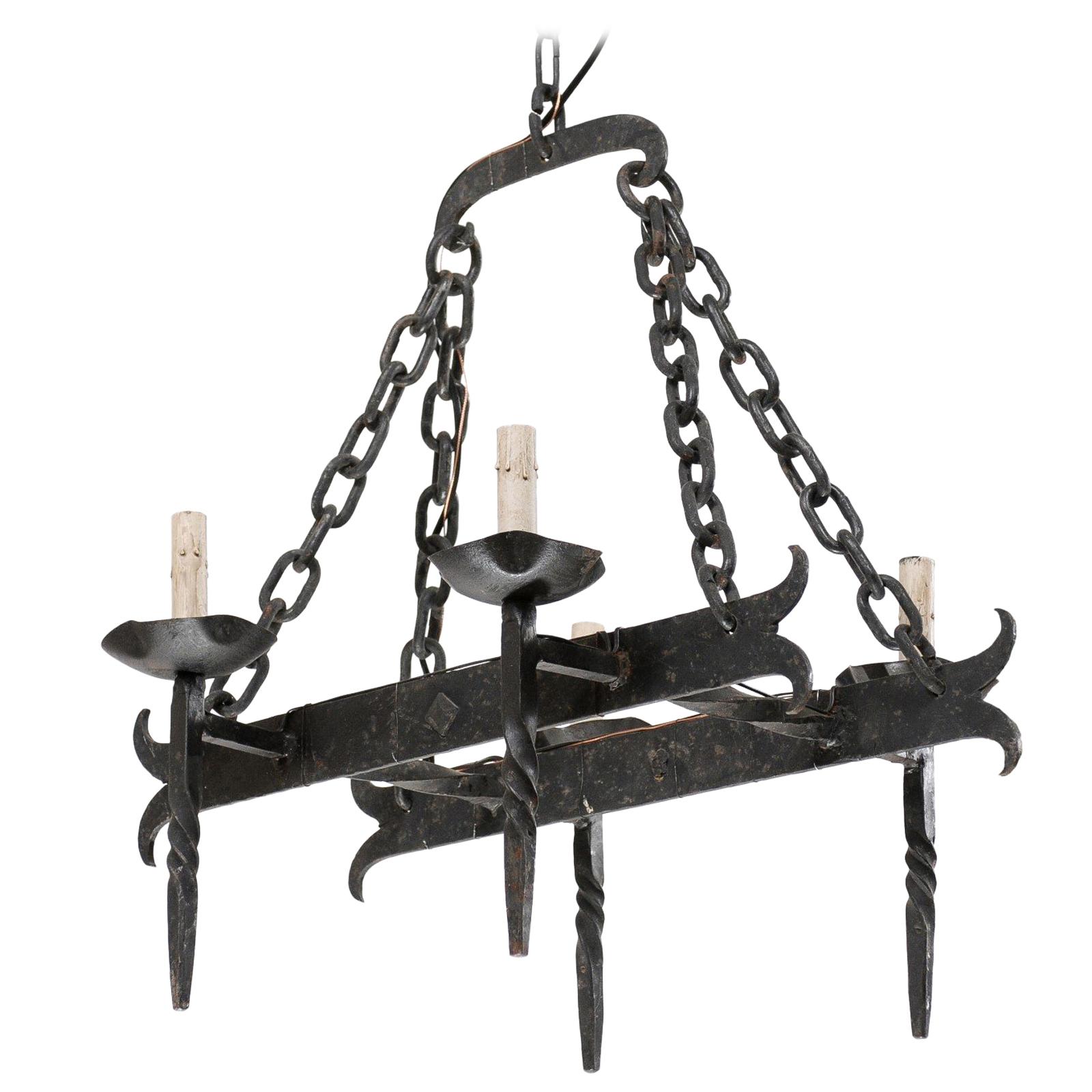 French Crossed-Bar Four-Light Iron Chandelier from the Mid-20th Century For Sale