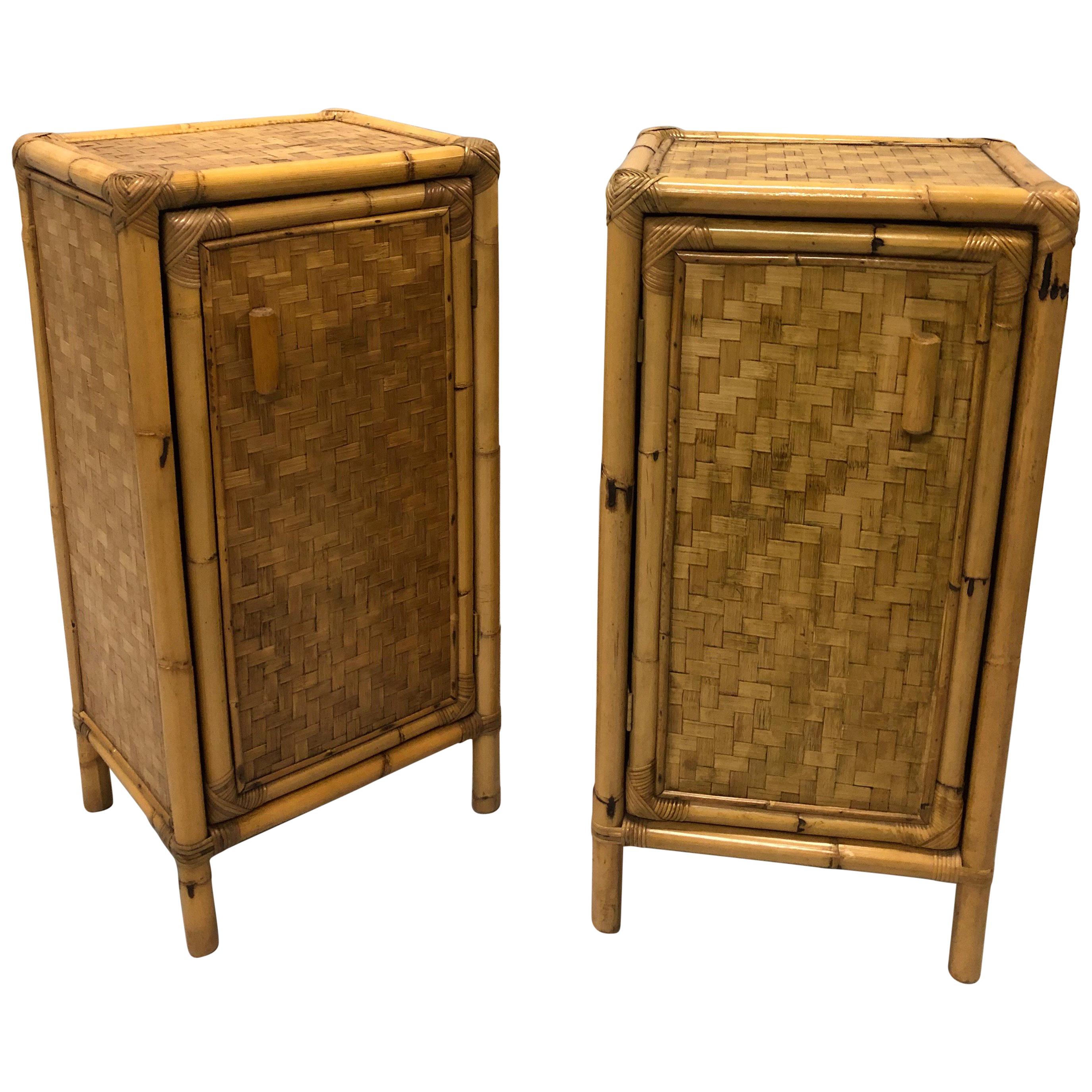 Pair of Italian Mid-century Bamboo & Rattan Nightstands / Side Tables, Bonacina