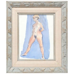 Painting by Barbara Pound, circa 1960, Female Nude Painting, Sky Blue and Rose