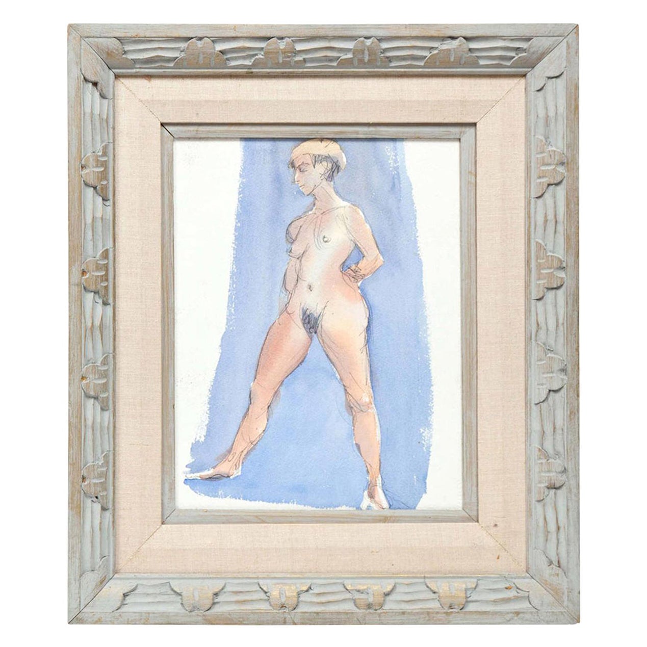 Painting by Barbara Pound, Female Nude Painting, C 1960, Sky Blue and Rose For Sale