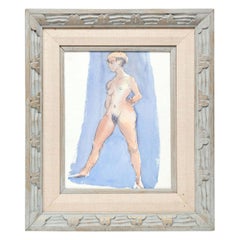 Vintage Painting by Barbara Pound, Female Nude Painting, Sky Blue and Rose, C 1960, Art