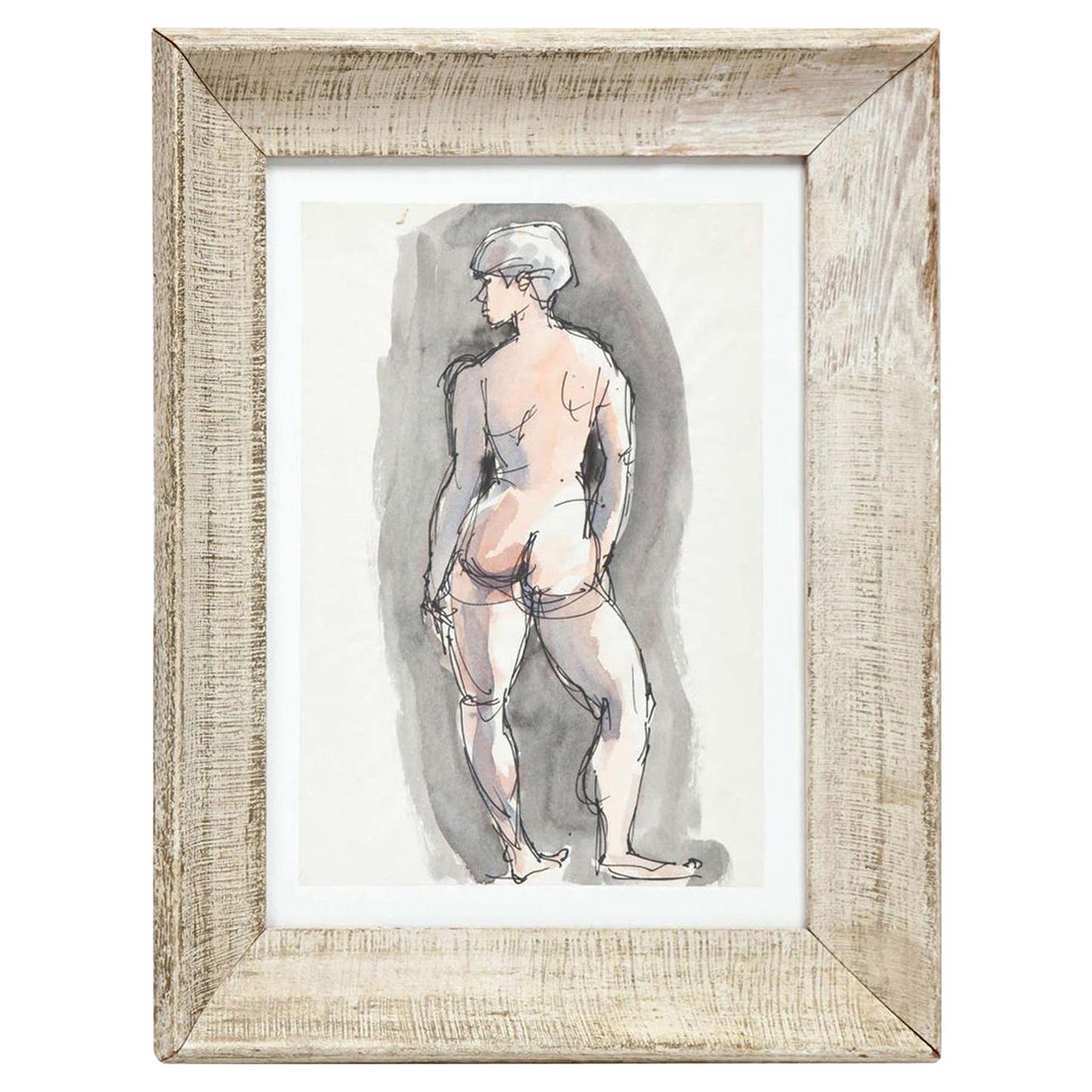 Painting by Barbara Pound, Nude Painting, Wood Frame, C 1960, Grey Color For Sale