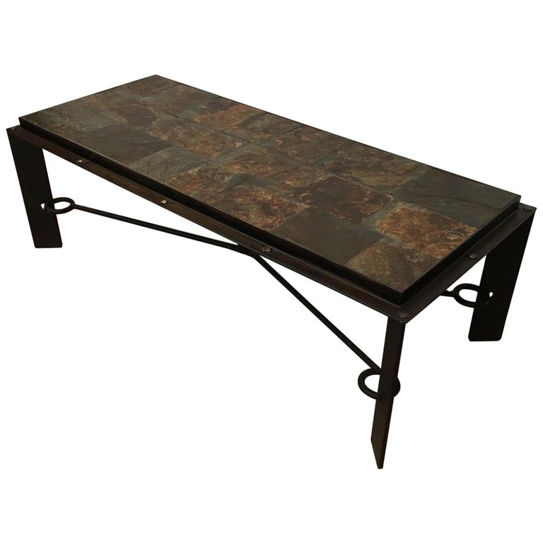 Rare Steel and Iron Coffee Table with Lava Stone Top For Sale