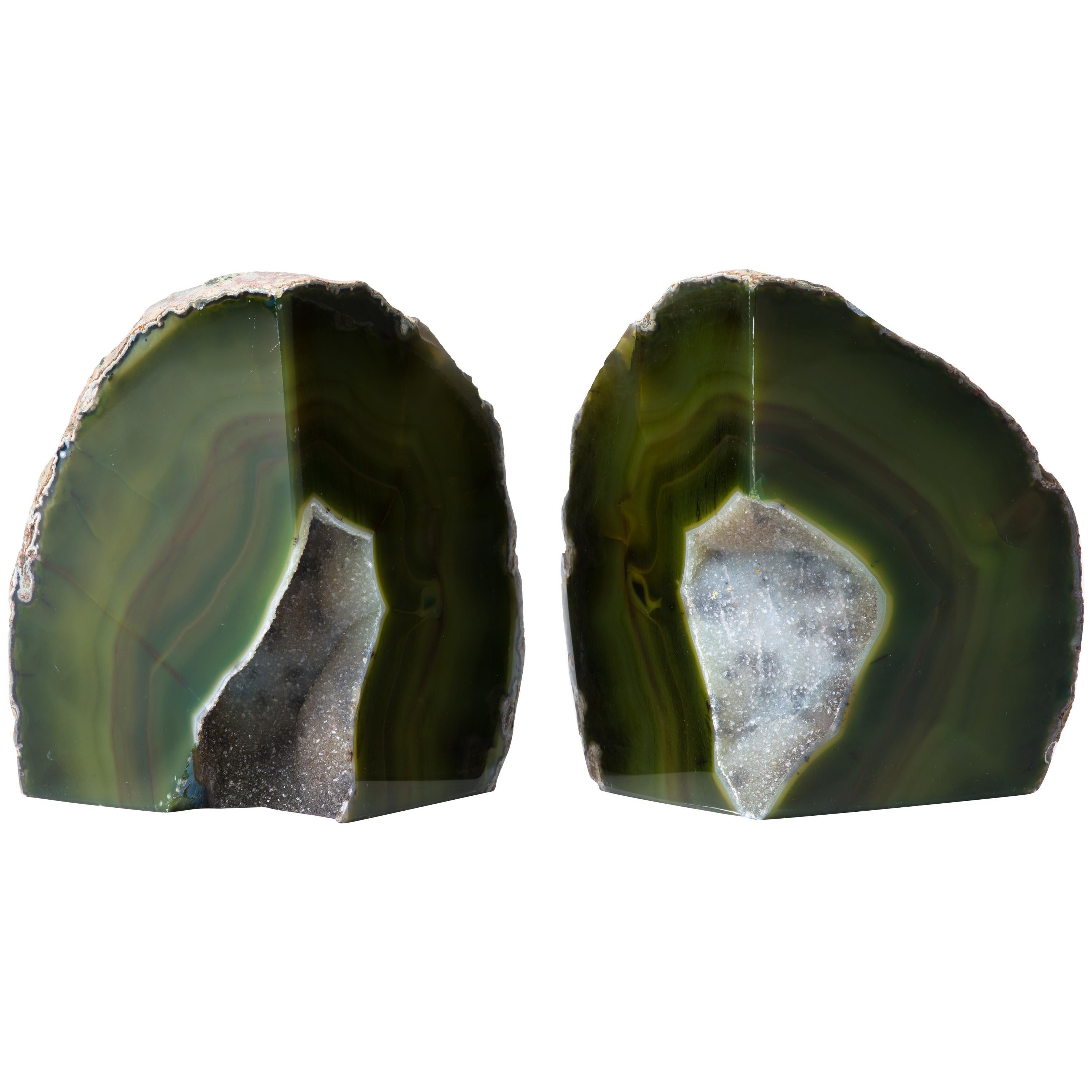 Pair of Organic Modern Agate Stone and Crystal Bookends in Moss Green