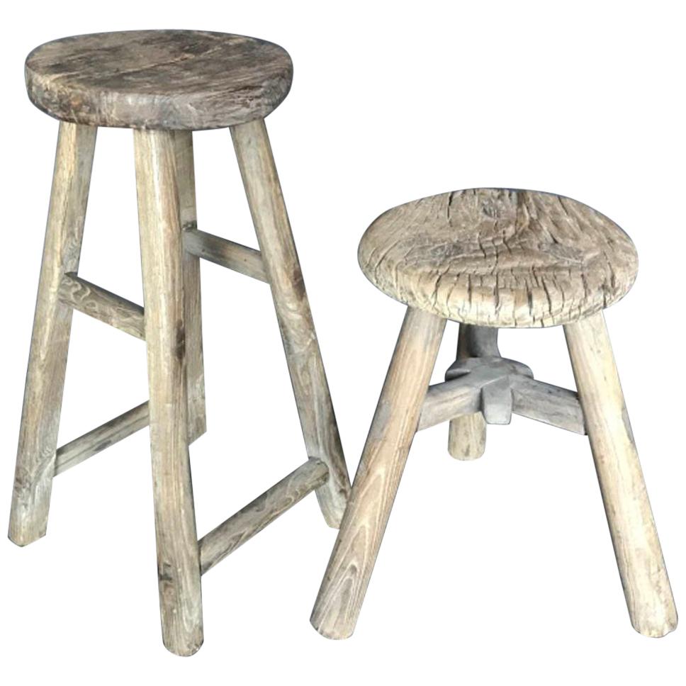 LEFT AVAILABLE - Tall 19th Century Rustic Elm Stool
