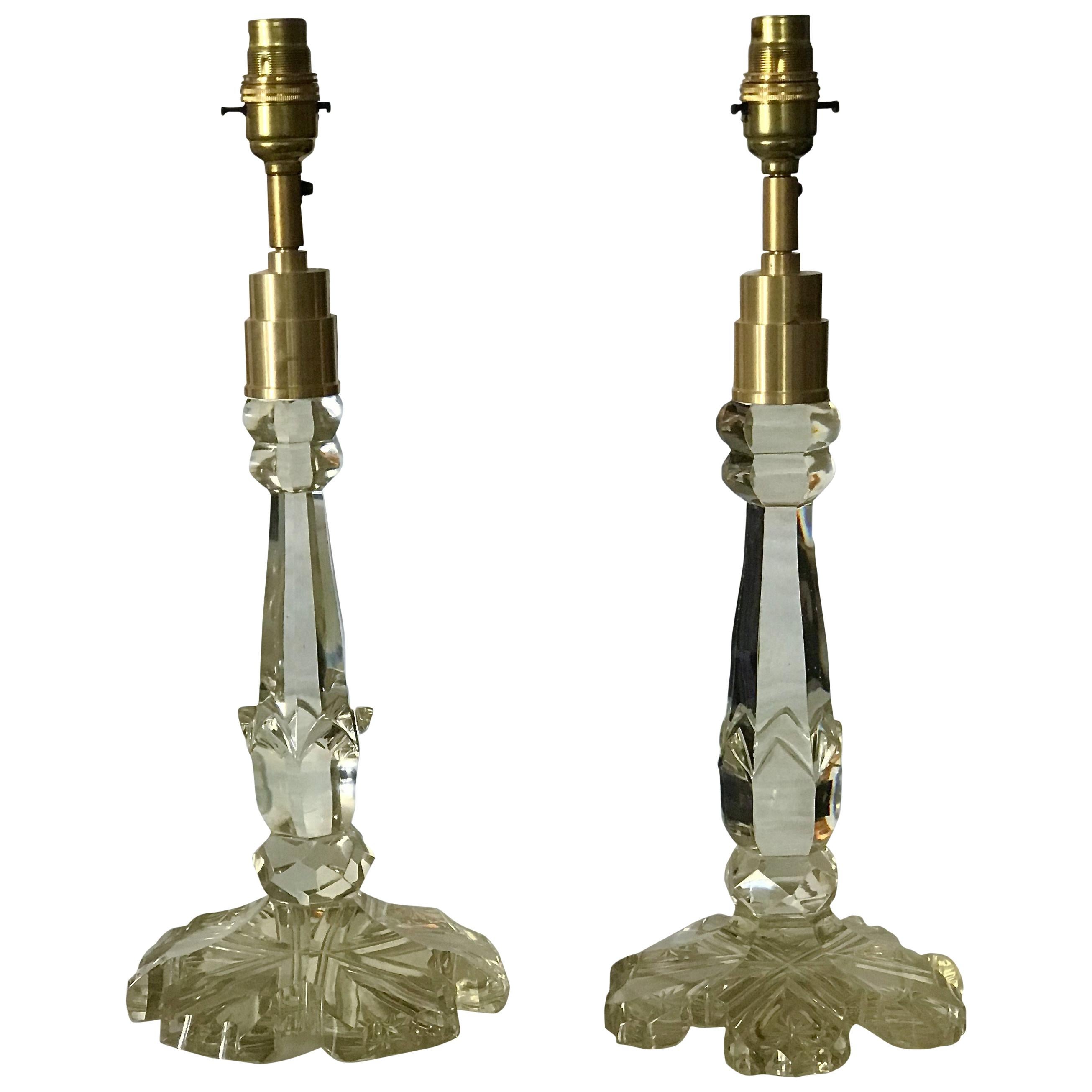 Pair of Converted 19th Century Antique Crystal Table Lamps For Sale