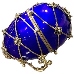 Sterling and Cobalt Blue Enamel Egg Music Box, in the Style of Fabergé