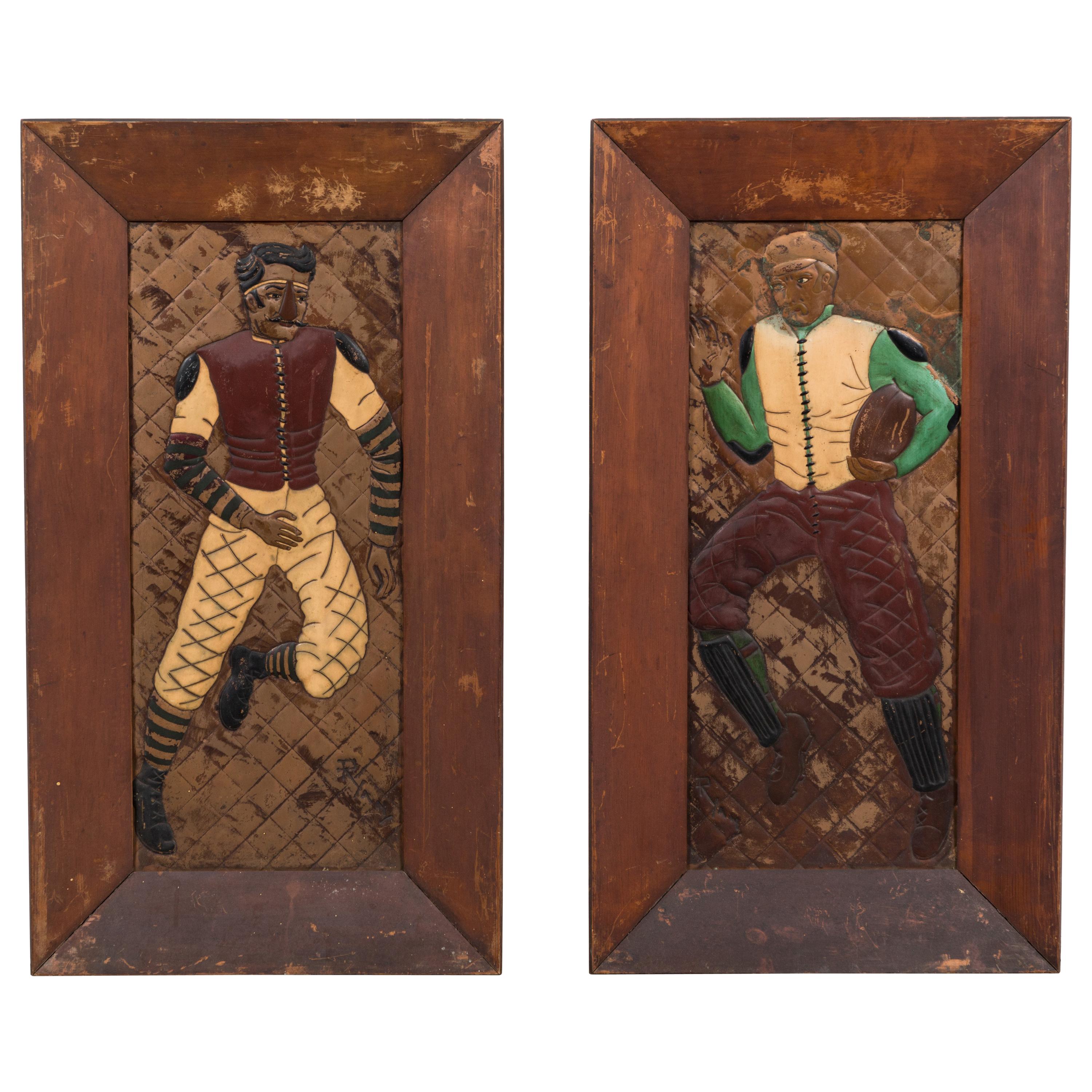 Pair of Copper Relief Football Player Wall Hangings Period Football Uniforms