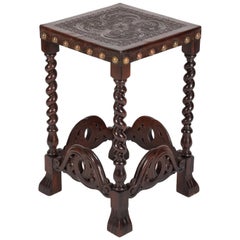 Antique 19th Century Portuguese Craved Wood Stool with Original Engraved Leather