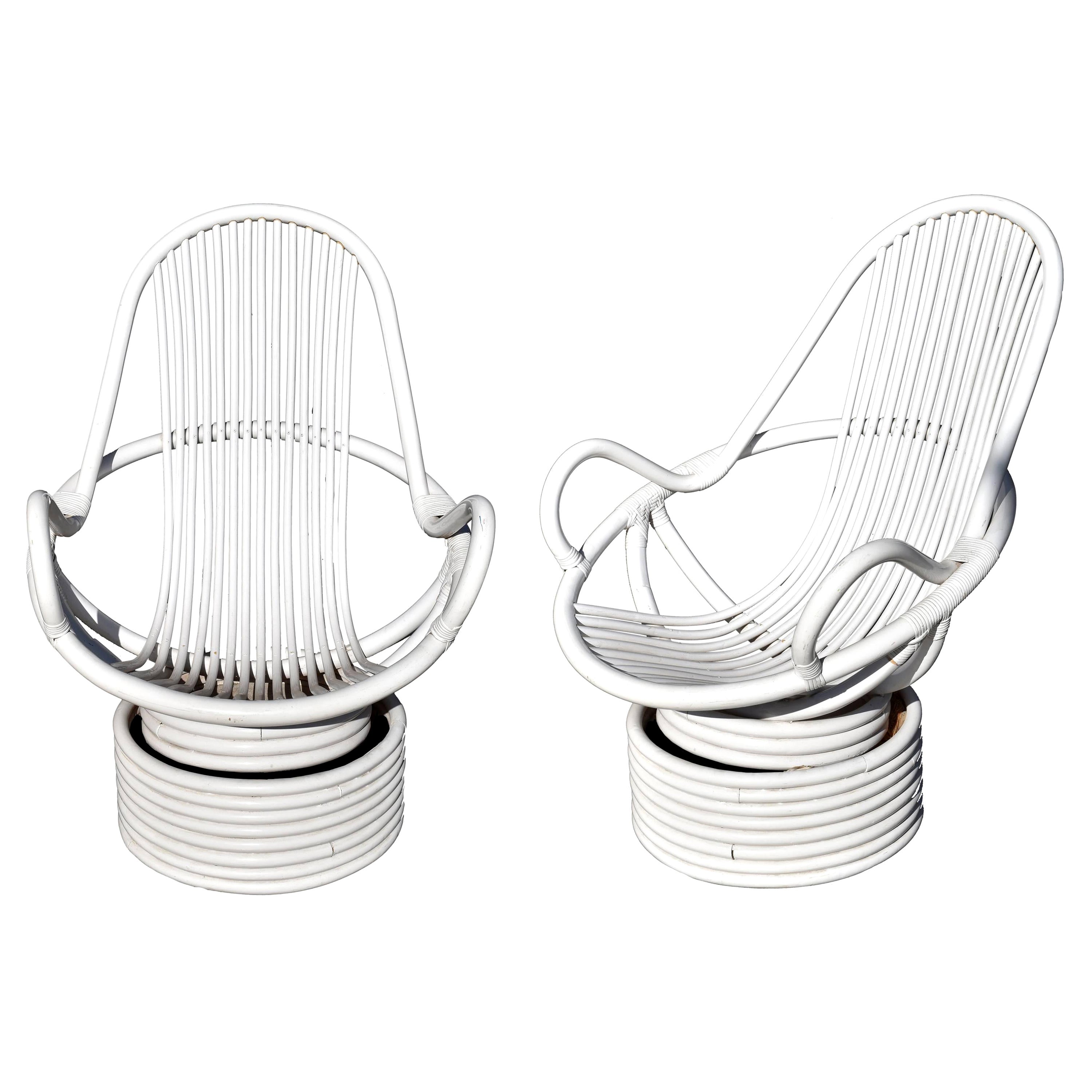 1980s Pair of White Swivel Bamboo Armchairs For Sale