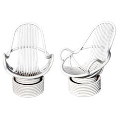 Used 1980s Pair of White Swivel Bamboo Armchairs