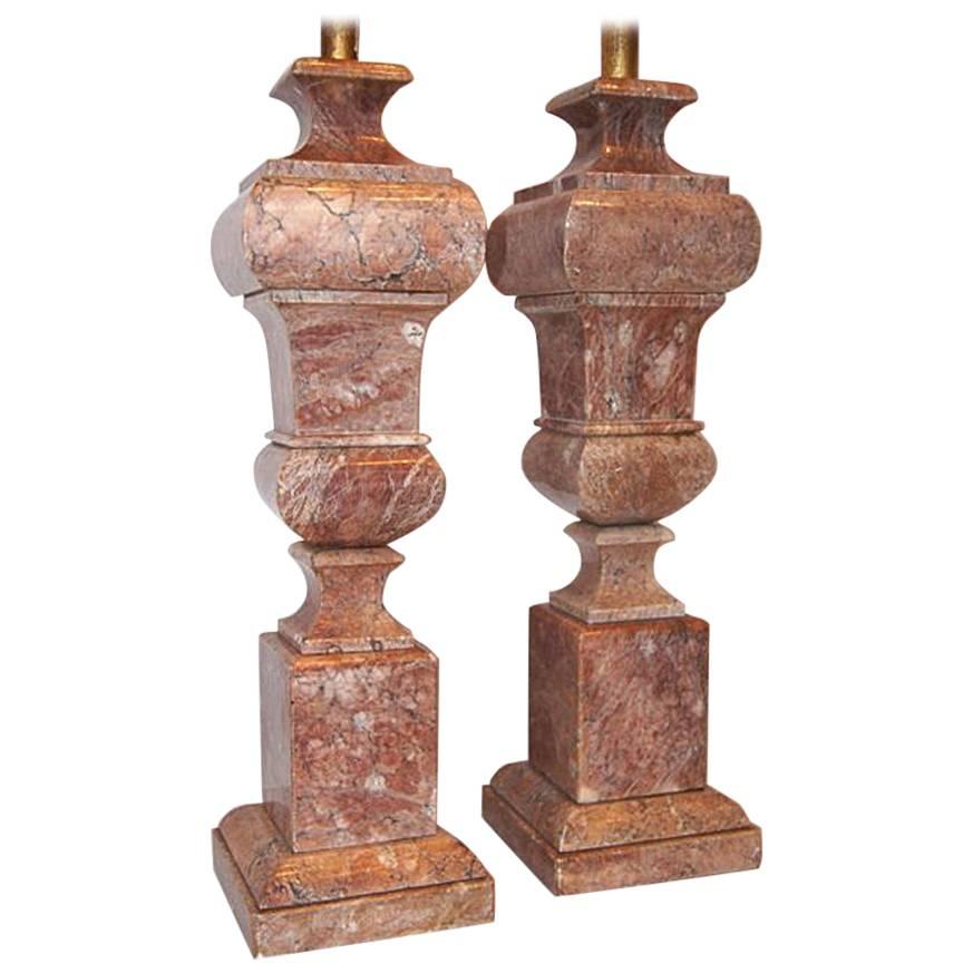 Pair of Rose Marble Lamps For Sale