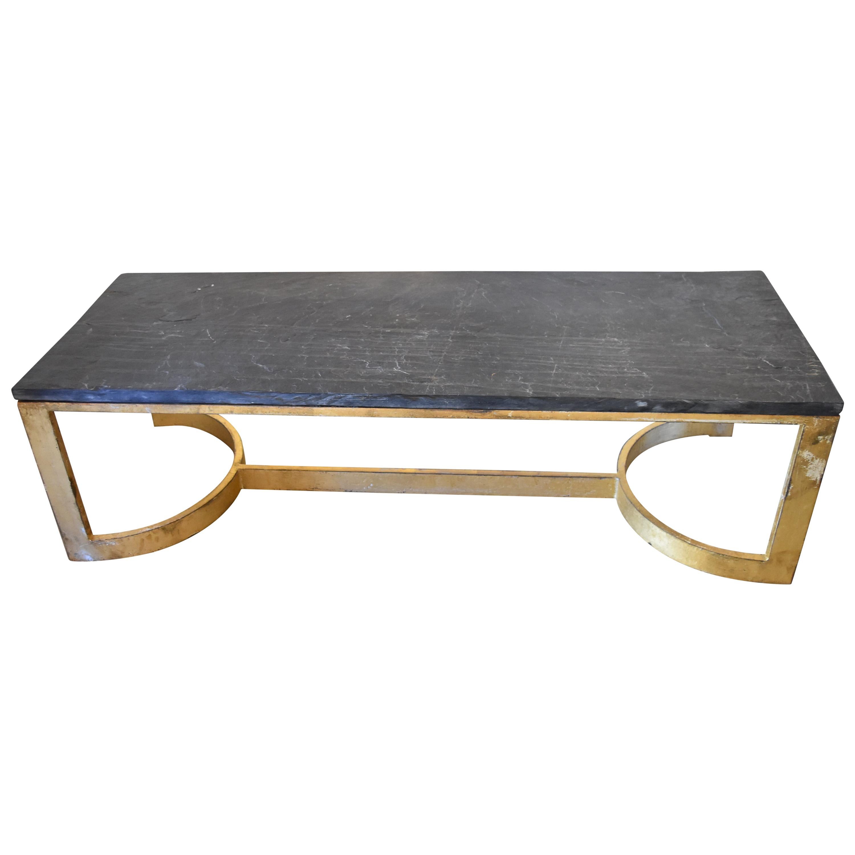 Black and Gold Antica Collection Fabricated Steel Table with Thick Slate Top