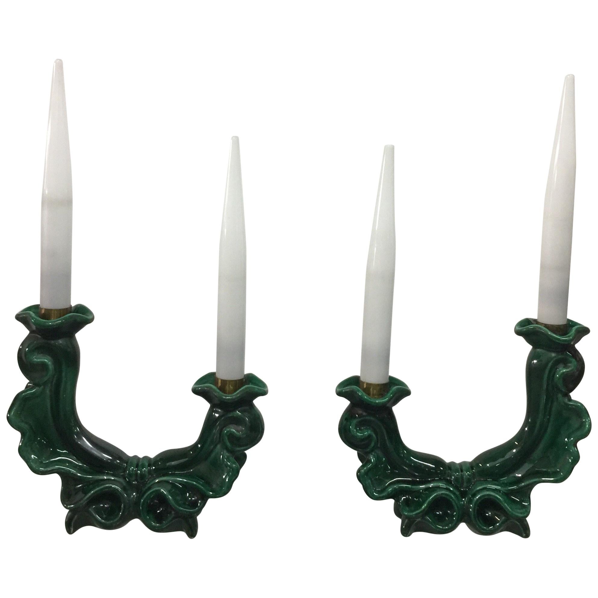 Manner of Georges Jouve Green Ceramic Table Lamps