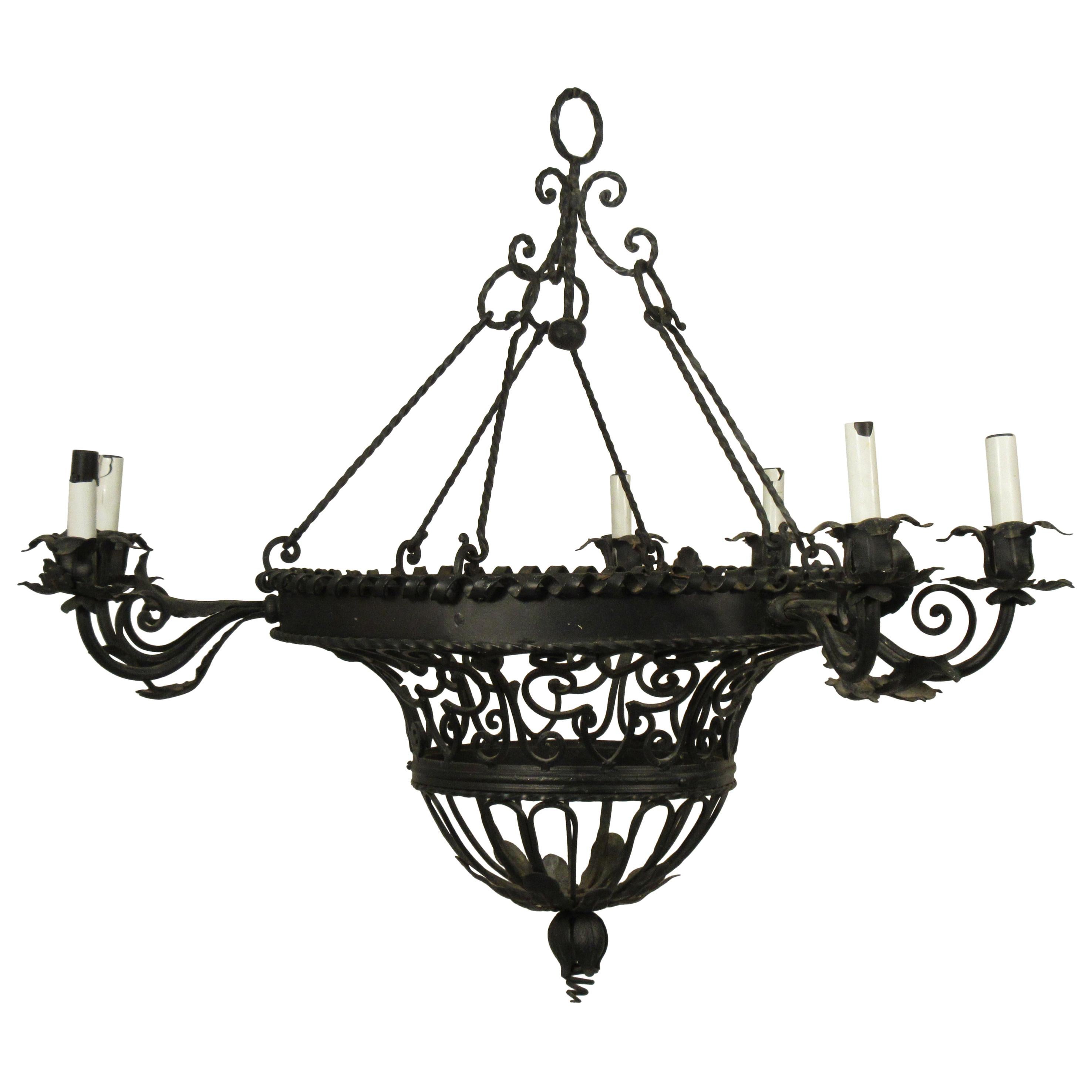 1950s French Wrought Iron Basket Chandelier