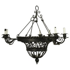 Vintage 1950s French Wrought Iron Basket Chandelier