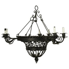 1950s French Wrought Iron Basket Chandelier