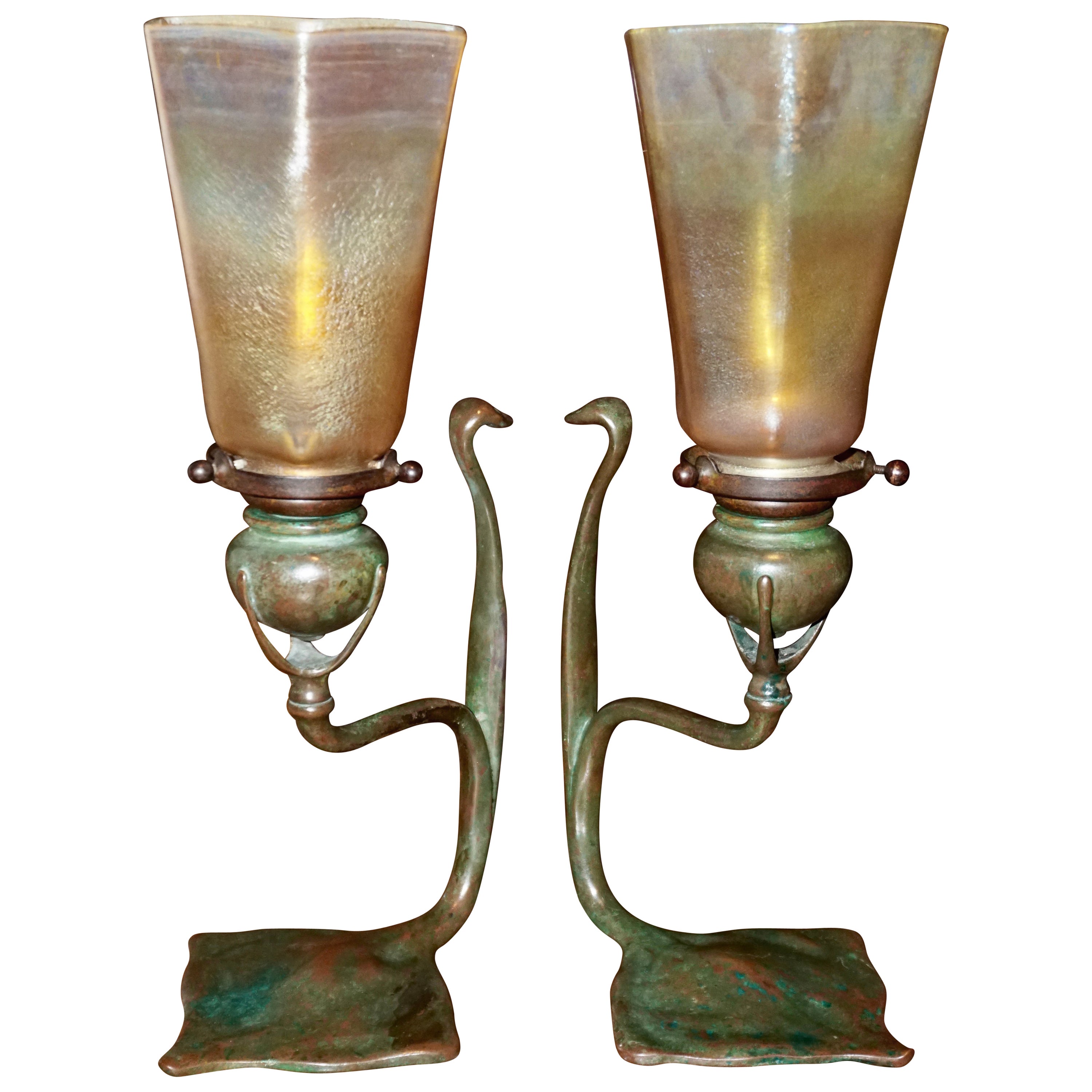 Pair of Candlesticks, Louis C. Tiffany Furnaces Inc, Bronze and Favrile Glass For Sale at 1stDibs