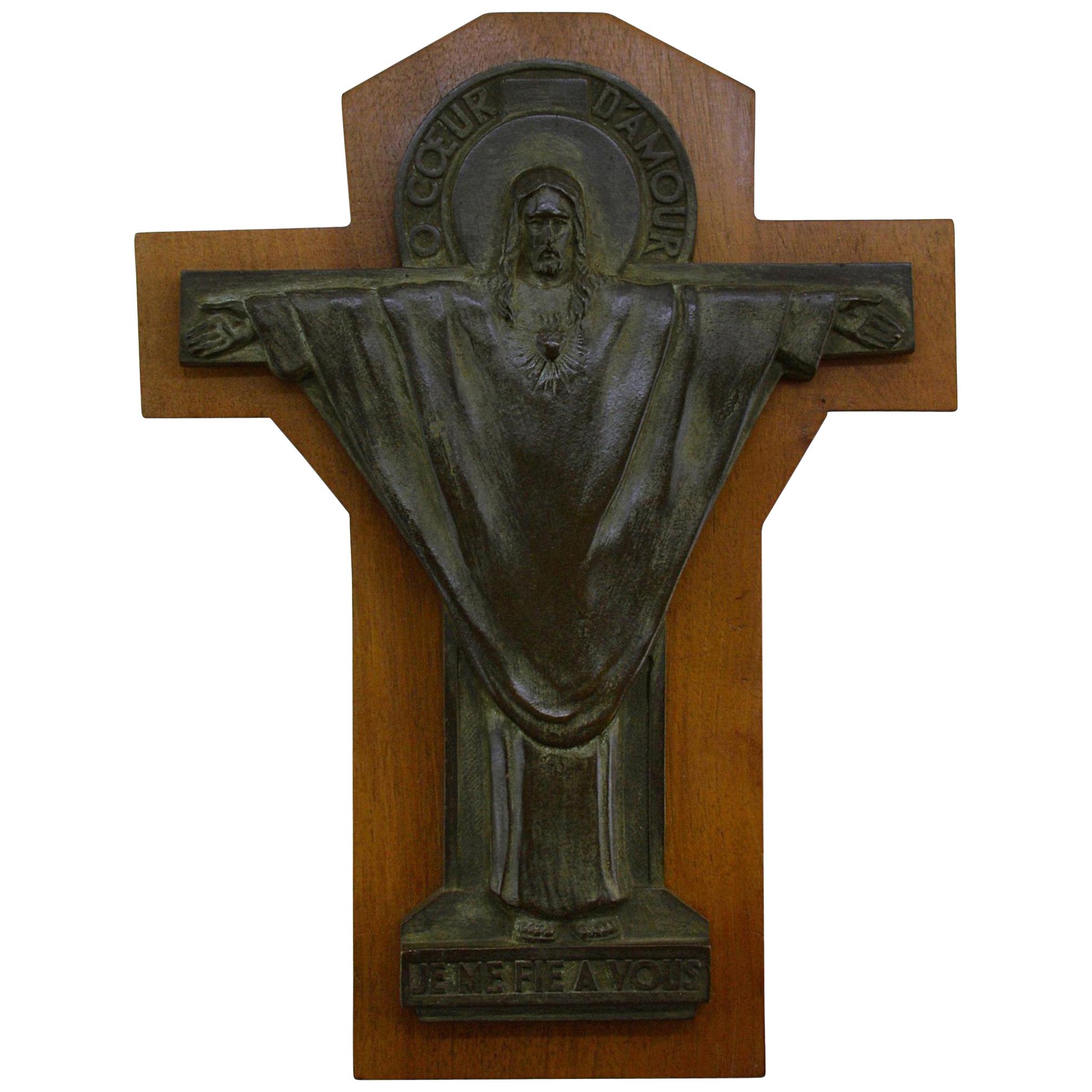 French Art Deco Bronze Crucifix by Jeanne Ferrer, 1930