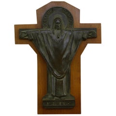 Vintage French Art Deco Bronze Crucifix by Jeanne Ferrer, 1930