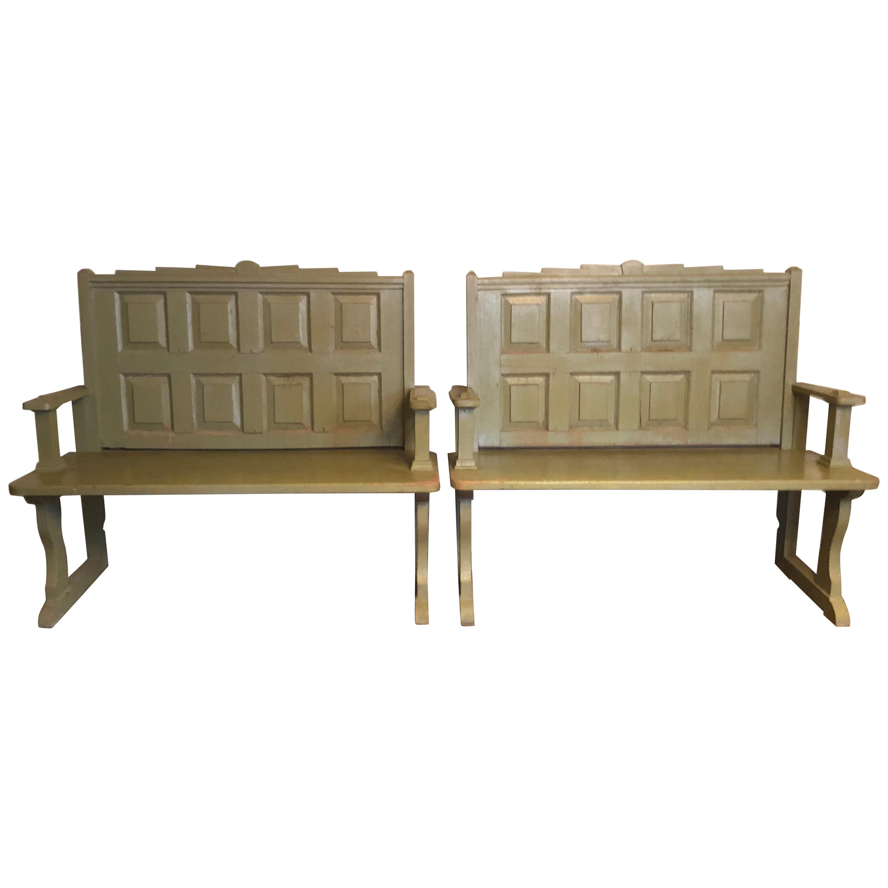Pair of Olive Painted Hall Benches