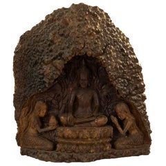 Unique Chinese Hand Carved Root of Buddha in Cave with Worshippers