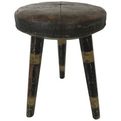 Swedish Leather Topped Stool with Black and Gold Striped Legs