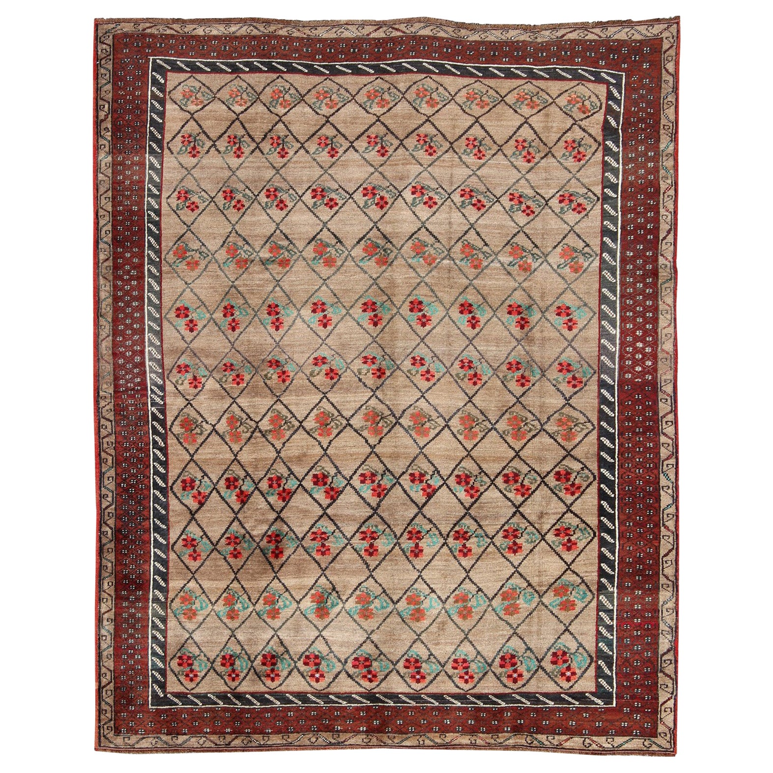 Turkish Konya Carpet in Camel Color Background, Red, Charcoal, Coral and Green For Sale