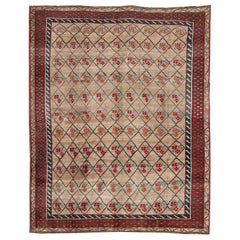 Vintage Turkish Konya Carpet in Camel Color Background, Red, Charcoal, Coral and Green