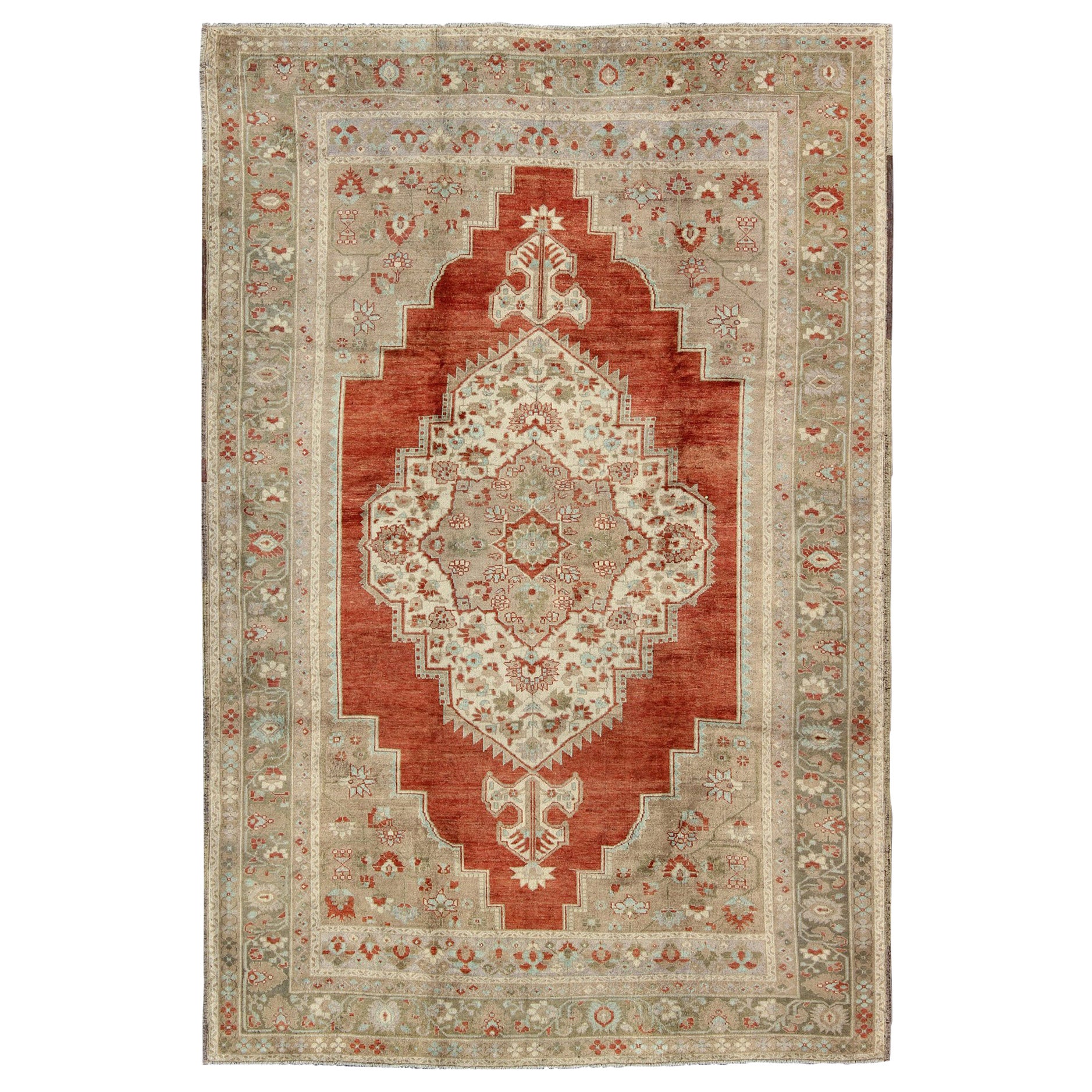 Turkish Oushak Rug in Orange Red, Light Green, Warm Taupe and Cream colors For Sale