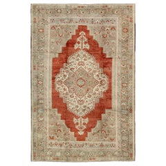 Turkish Oushak Rug in Orange Red, Light Green, Warm Taupe and Cream colors